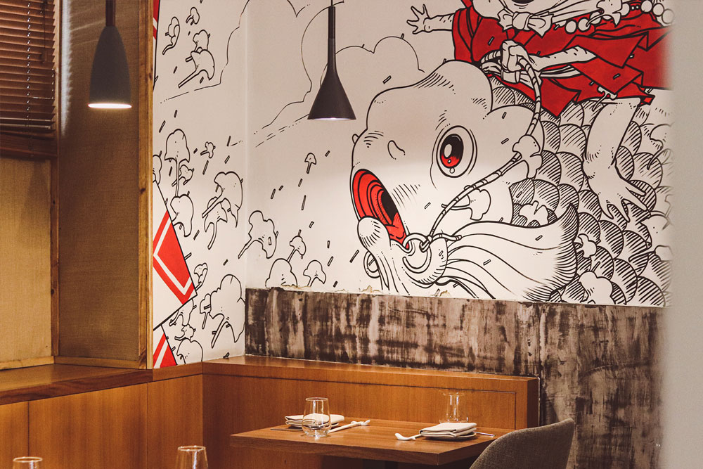 Detalle de decoración del restaurante de Ikigai Flor Baja